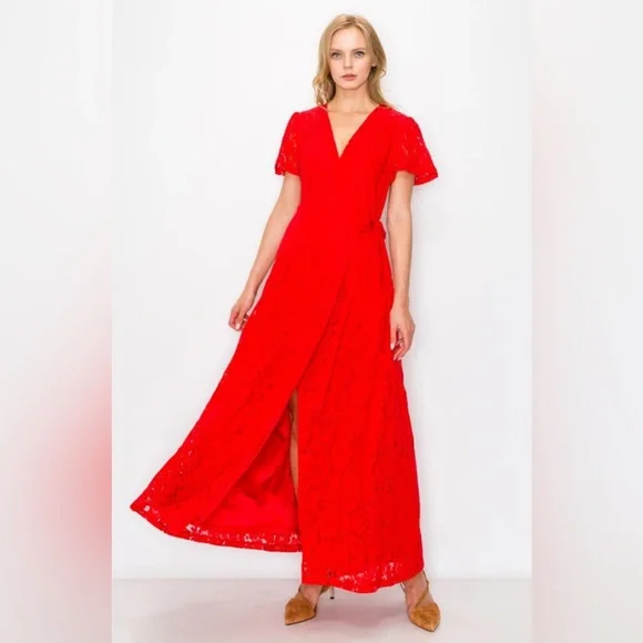 open lace back dress Red Lace Aurora pencil dress with removable skirt wrap – heartmycloset main image 0